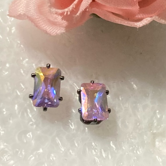 Emerald Cut Iridescent Pink Ice Cubic Zirconia Nickel Free post earrings NWT - Picture 4 of 5